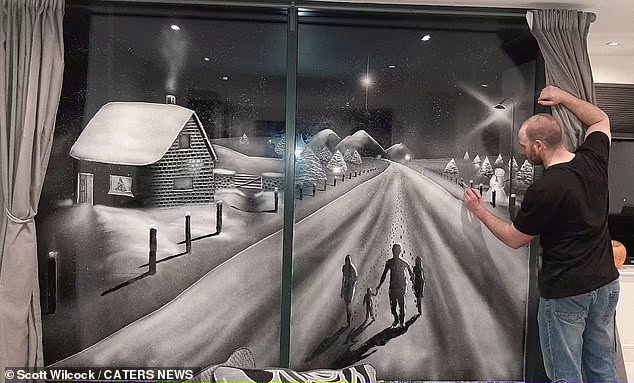 Талантливый англичанин рисует на окнах с помощью искусственного снега