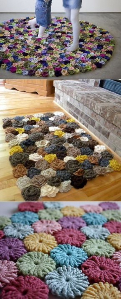 Коврики-пазлы из вязаных и тканевых деталей