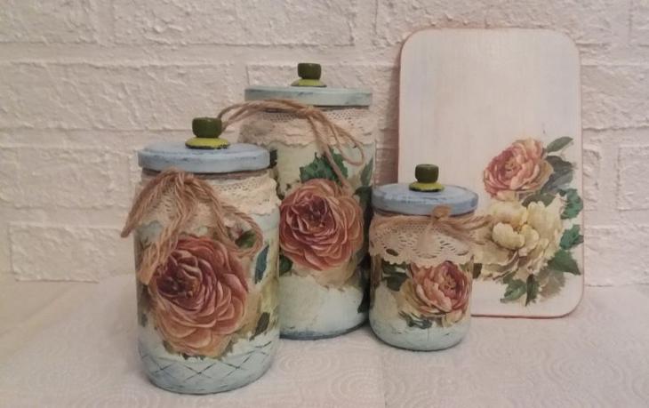 Декупаж стеклянной банки — мастер класс с пошаговой инструкцией
