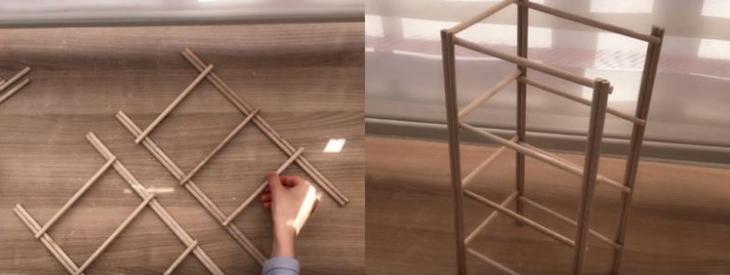 Полезная идея из деревянных палочек и пластиковых корзин